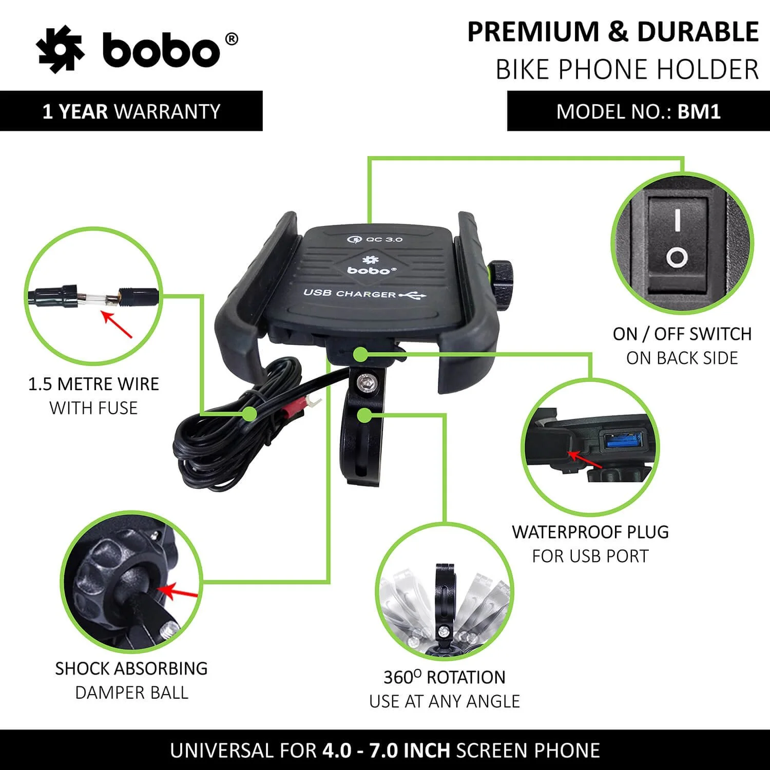 BOBO BM1 Jaw-Grip Bike Phone Holder (with fast USB 3.0 charger) Motorcycle Mobile Mount (Silver)-BB-BM-001-001004 - Image 2