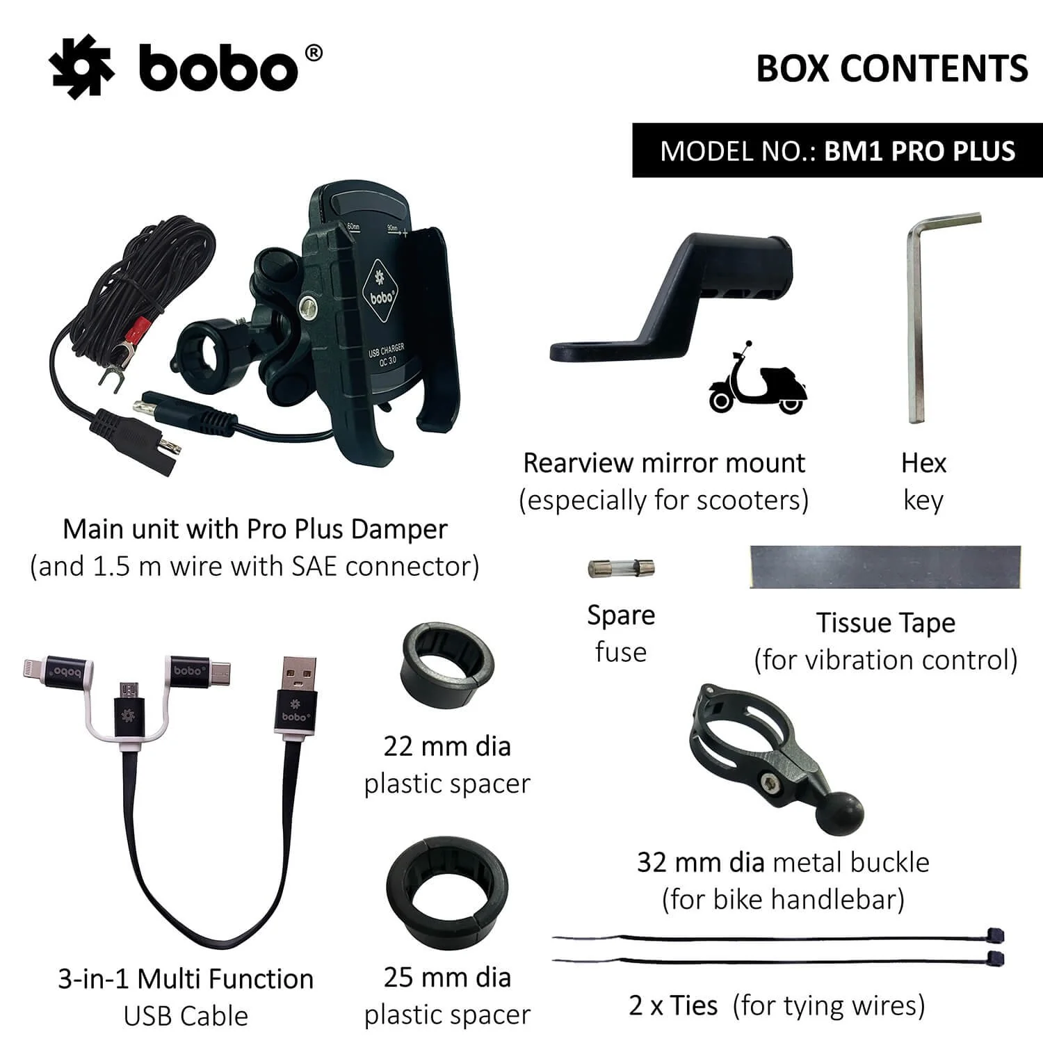 BOBO BM1 Pro Plus Jaw-Grip Bike Phone Holder (With Pro Plus Vibration Damper, Fast USB 3.0 Charger, SAE Connector &amp; Fast USB Cable)-BB-BM-001-021001 - Image 2