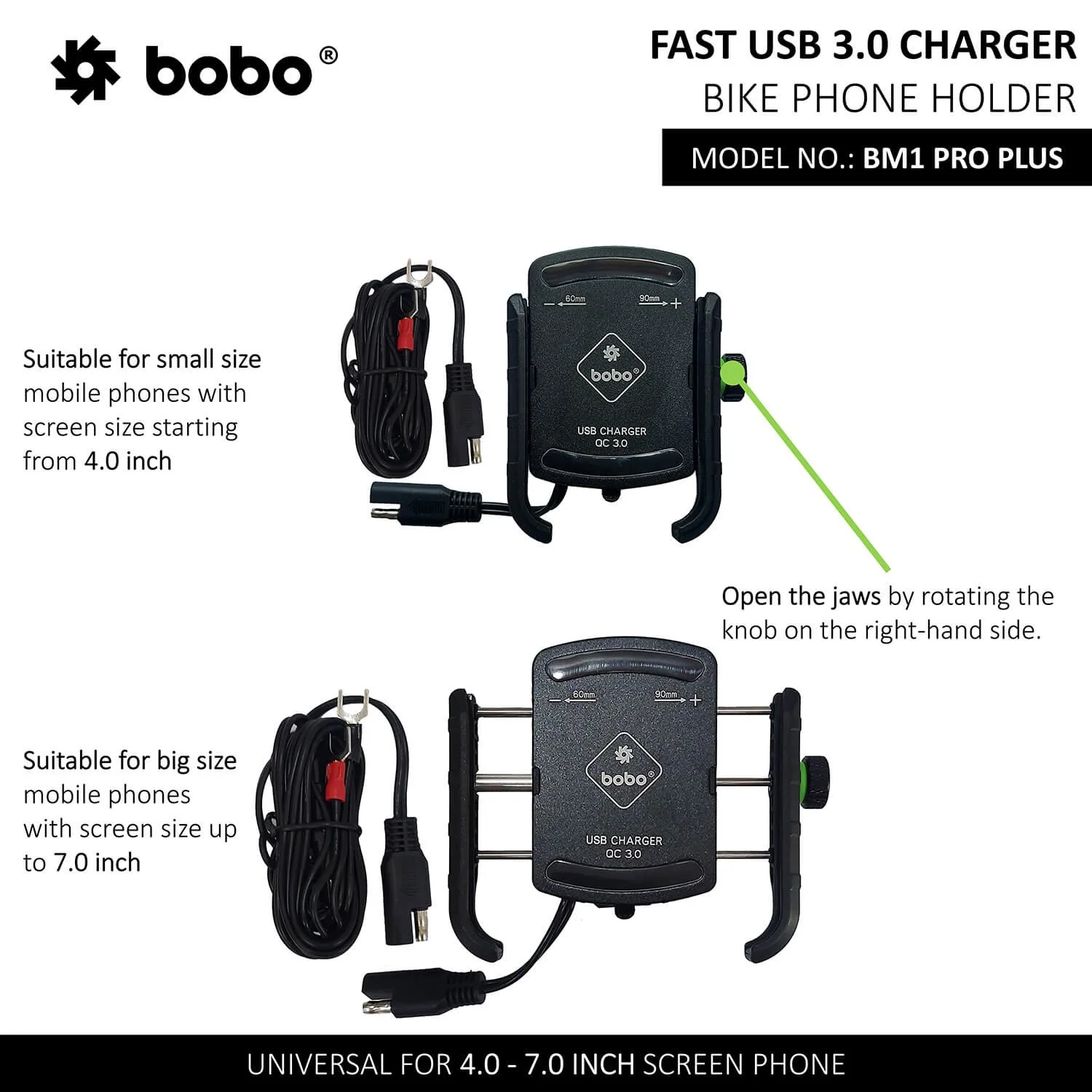 BOBO BM1 Pro Plus Jaw-Grip Bike Phone Holder (With Pro Plus Vibration Damper, Fast USB 3.0 Charger, SAE Connector &amp; Fast USB Cable)-BB-BM-001-021001 - Image 3