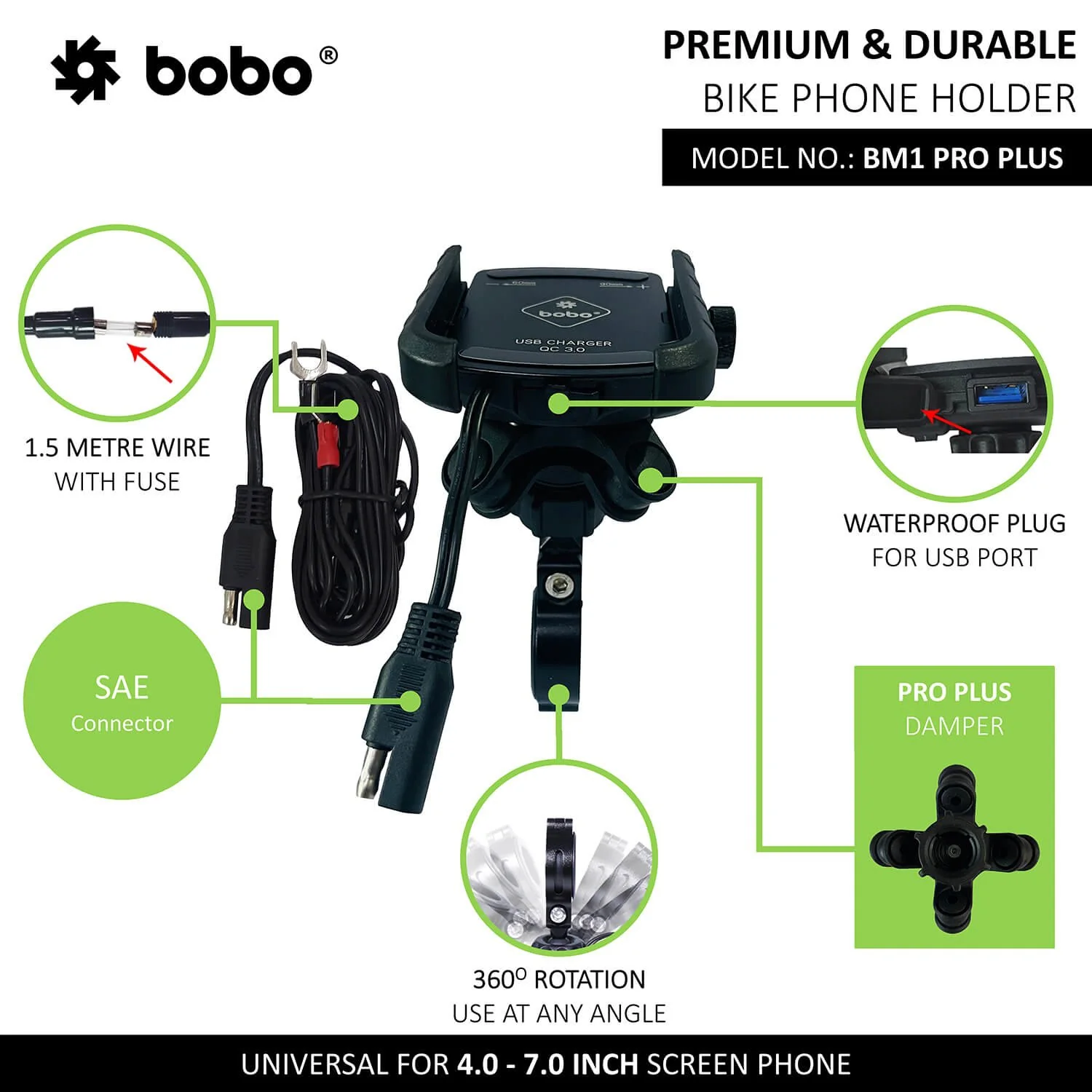 BOBO BM1 Pro Plus Jaw-Grip Bike Phone Holder (With Pro Plus Vibration Damper, Fast USB 3.0 Charger, SAE Connector &amp; Fast USB Cable)-BB-BM-001-021001 - Image 4