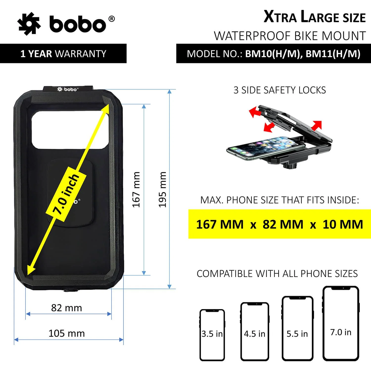 BOBO BM10M Fully Waterproof Bike / Cycle Phone Holder Motorcycle Mobile Mount Long Rearview Miorror Attachment-BB-BM-010-102001 - Image 2
