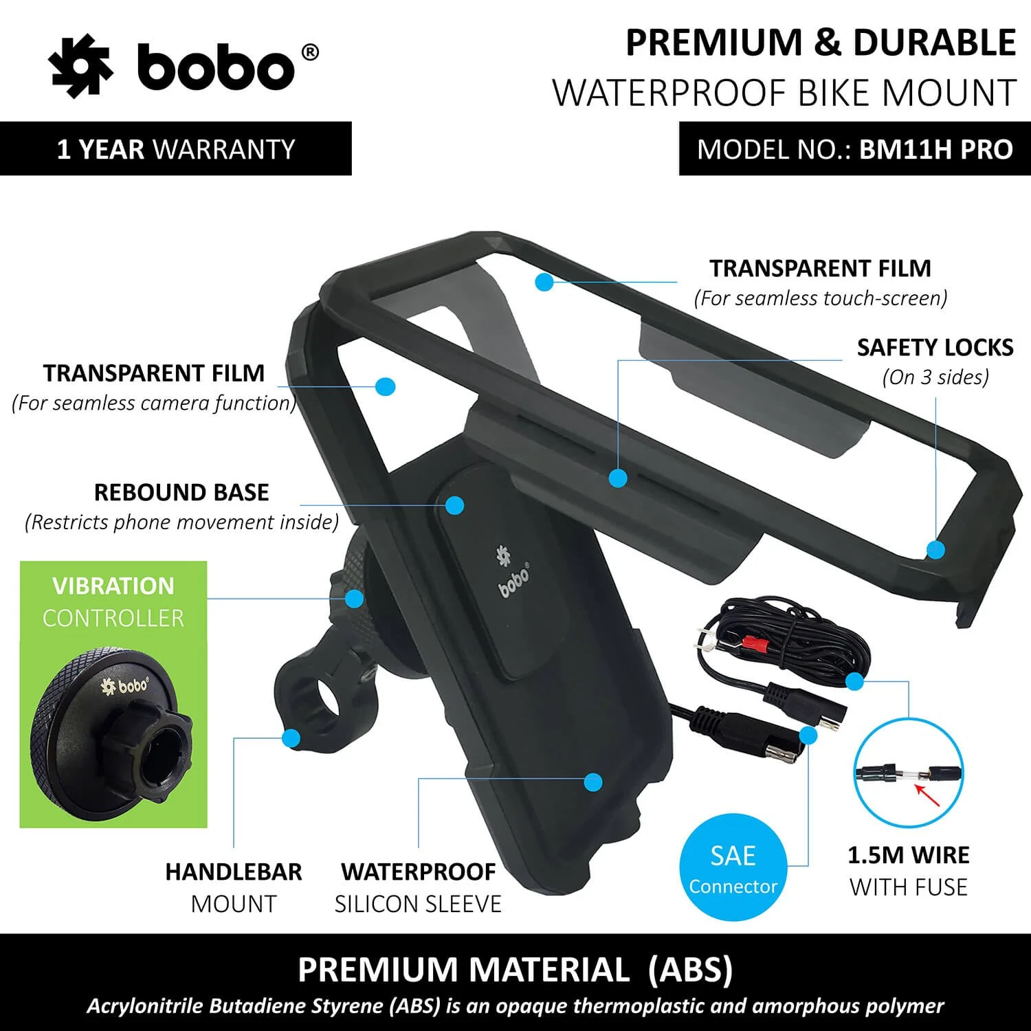 BOBO BM11H PRO Fully Waterproof Bike Phone Holder with Vibration Controller (with Fast 15W Wireless Charger & USB-C Input/Output Port) Motorcycle Mobile Mount-BB-BM-011-111001 - Image 2