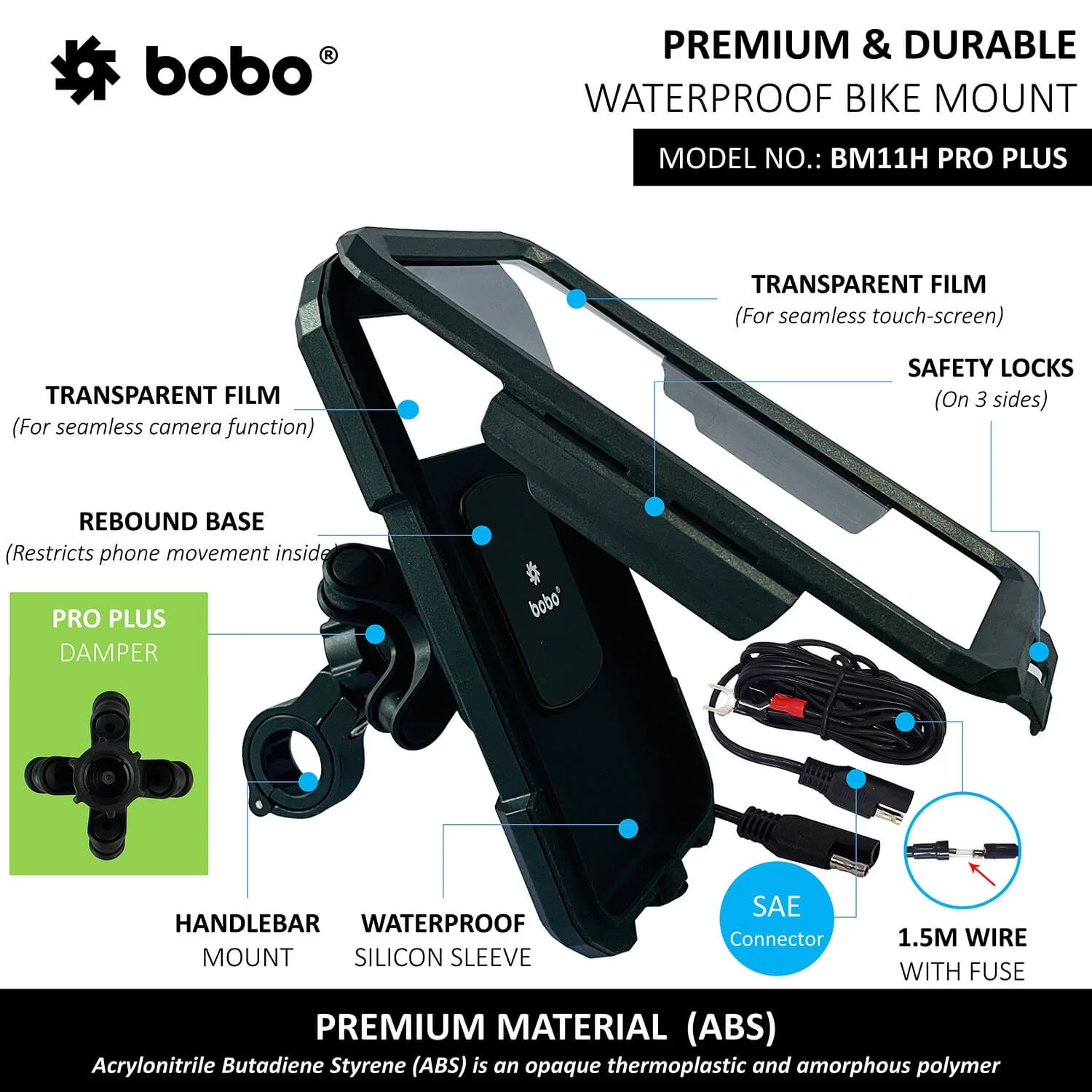 BOBO BM11H PRO PLUS Fully Waterproof Bike Phone Holder with PRO PLUS Vibration Damper (with Fast 15W Wireless Charger USB-C Input/Output Port) Motorcycle Mobile Mount-BB-BM-011-122001 - Image 2