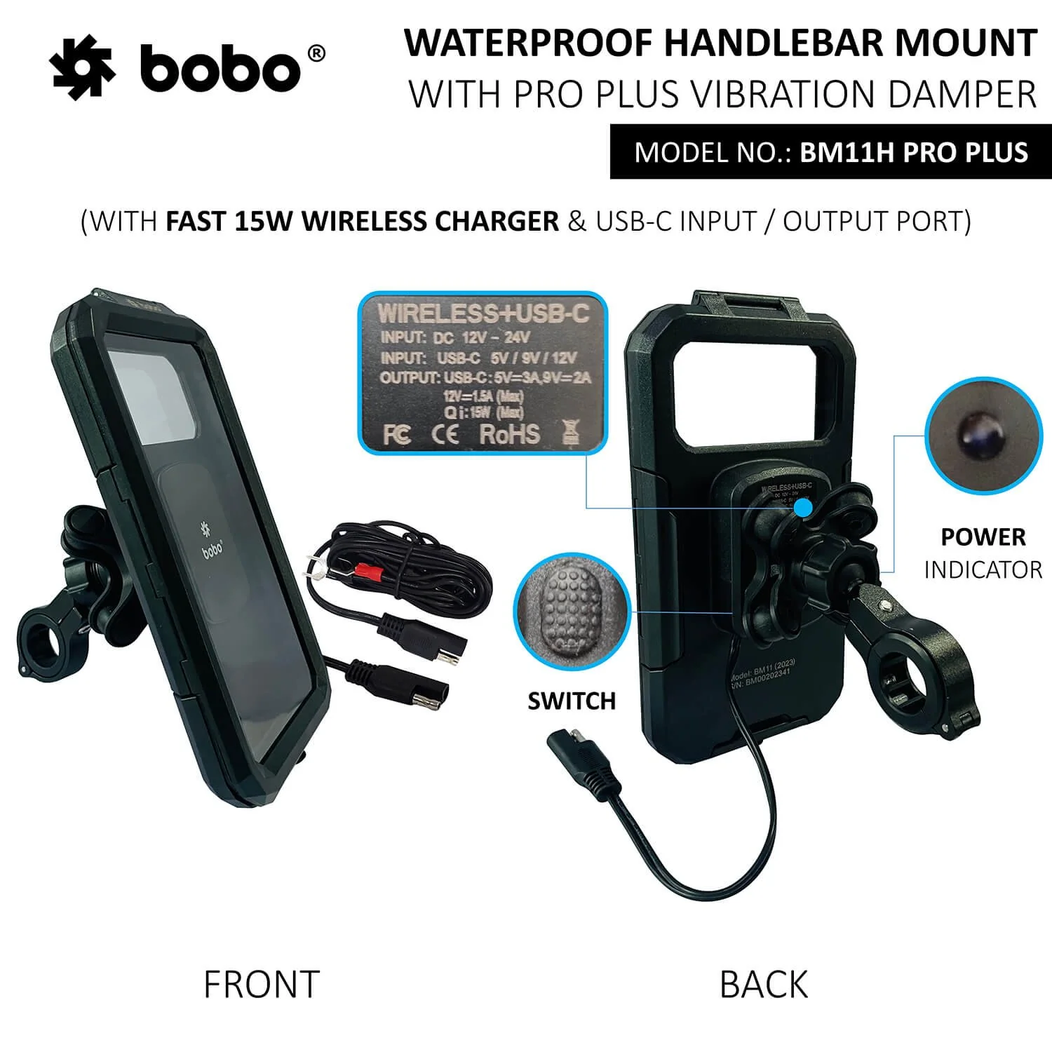 BOBO BM11H PRO PLUS Fully Waterproof Bike Phone Holder with PRO PLUS Vibration Damper (with Fast 15W Wireless Charger USB-C Input/Output Port) Motorcycle Mobile Mount-BB-BM-011-122001 - Image 3