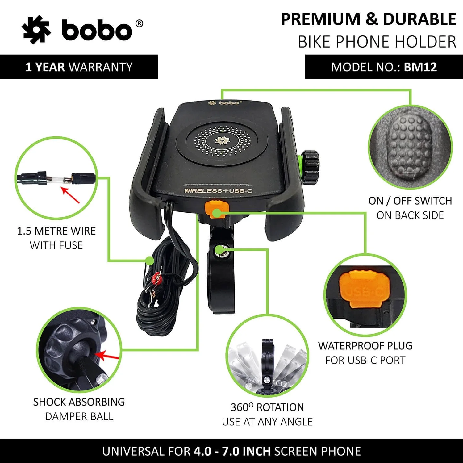 BOBO BM12 Bike Phone Holder (with Fast 15W Wireless Charger & USB-C Input/Output Port) Motorcycle Mobile Mount-BB-BM-012-001001 - Image 2