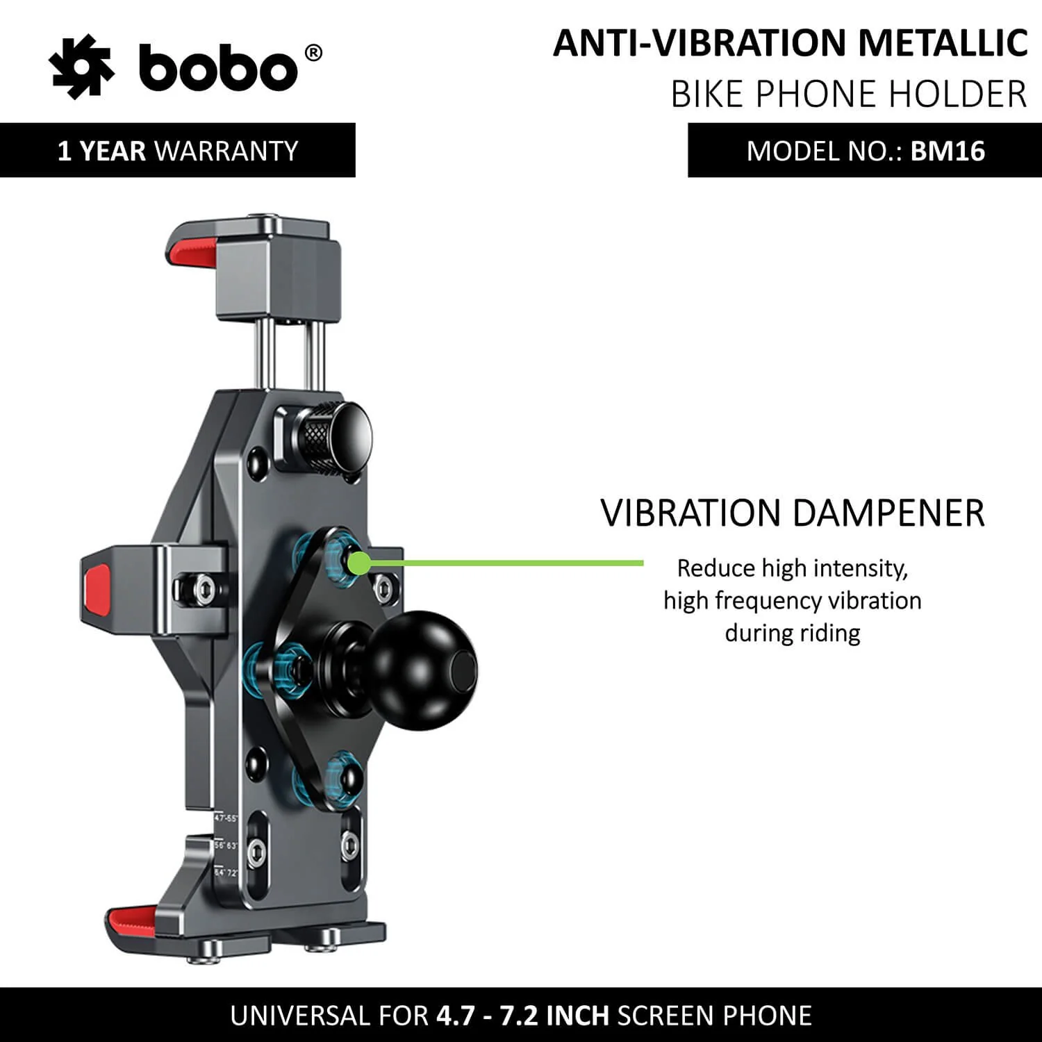 BOBO BM16 Anti-Vibration Metallic Bike Phone Holder (with Fast 15W Wireless Charger) Motorcycle Mobile Mount-BB-BM-016-001001 - Image 3