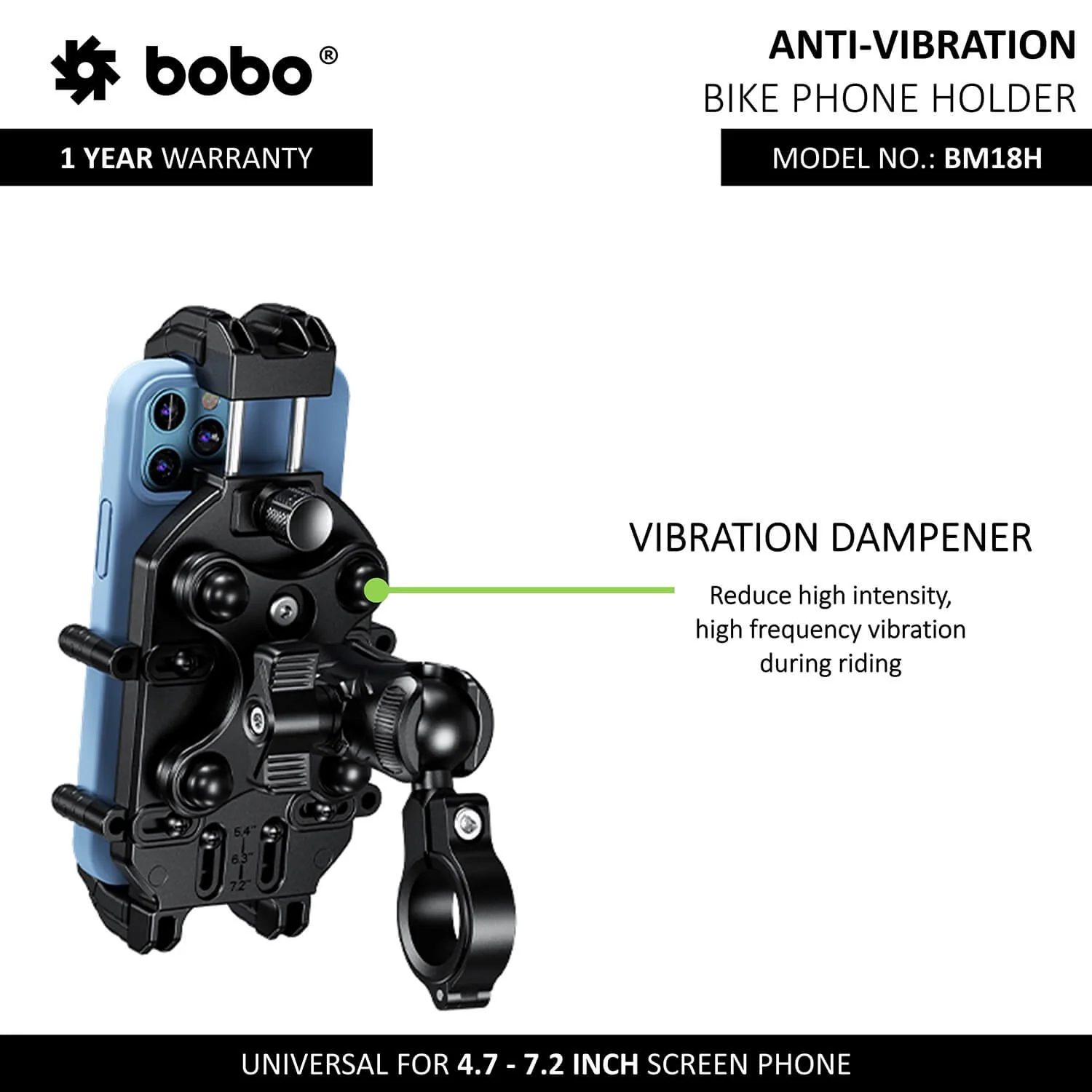 BOBO BM18H Handlebar (or Mirror) Anti-Vibration Bike Phone Holder (with Fast 15W Wireless Charger USB-C Charging Module) Motorcycle Mobile Mount-BB-BM-018-101001 - Image 2