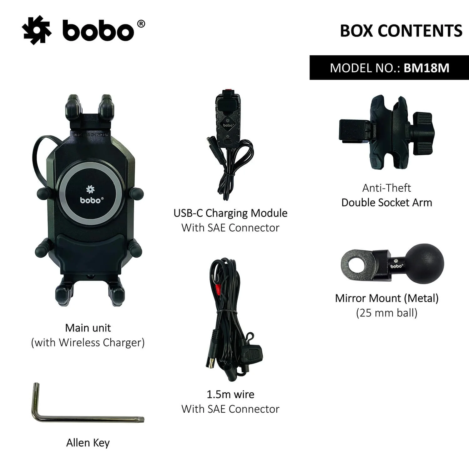 BOBO BM18H Handlebar (or Mirror) Anti-Vibration Bike Phone Holder (with Fast 15W Wireless Charger USB-C Charging Module) Motorcycle Mobile Mount-BB-BM-018-101001 - Image 7