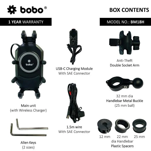 BOBO BM18H PRO Mirror Anti-Vibration Bike Phone Holder (with Fast 15W Wireless Charger & USB-C Charging Module) Motorcycle Mobile Mount - BB-BM-018-102001 - Image 5