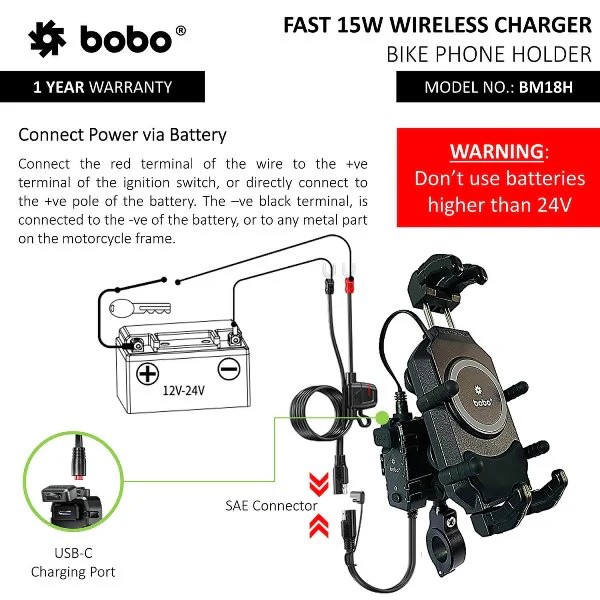 BOBO BM18H PRO Mirror Anti-Vibration Bike Phone Holder (with Fast 15W Wireless Charger & USB-C Charging Module) Motorcycle Mobile Mount - BB-BM-018-102001 - Image 6