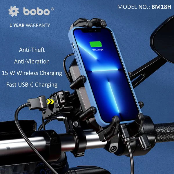 BOBO BM18H PRO Mirror Anti-Vibration Bike Phone Holder (with Fast 15W Wireless Charger & USB-C Charging Module) Motorcycle Mobile Mount - BB-BM-018-102001 - Image 7
