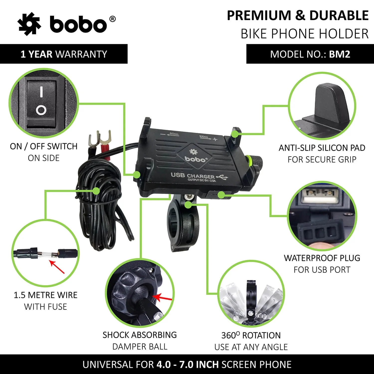 BOBO BM2 Claw-Grip Aluminium Bike Phone Holder (With 2.5A USB charger) Motorcycle Mobile Mount (Silver)-BB-BM-002-001004 - Image 3