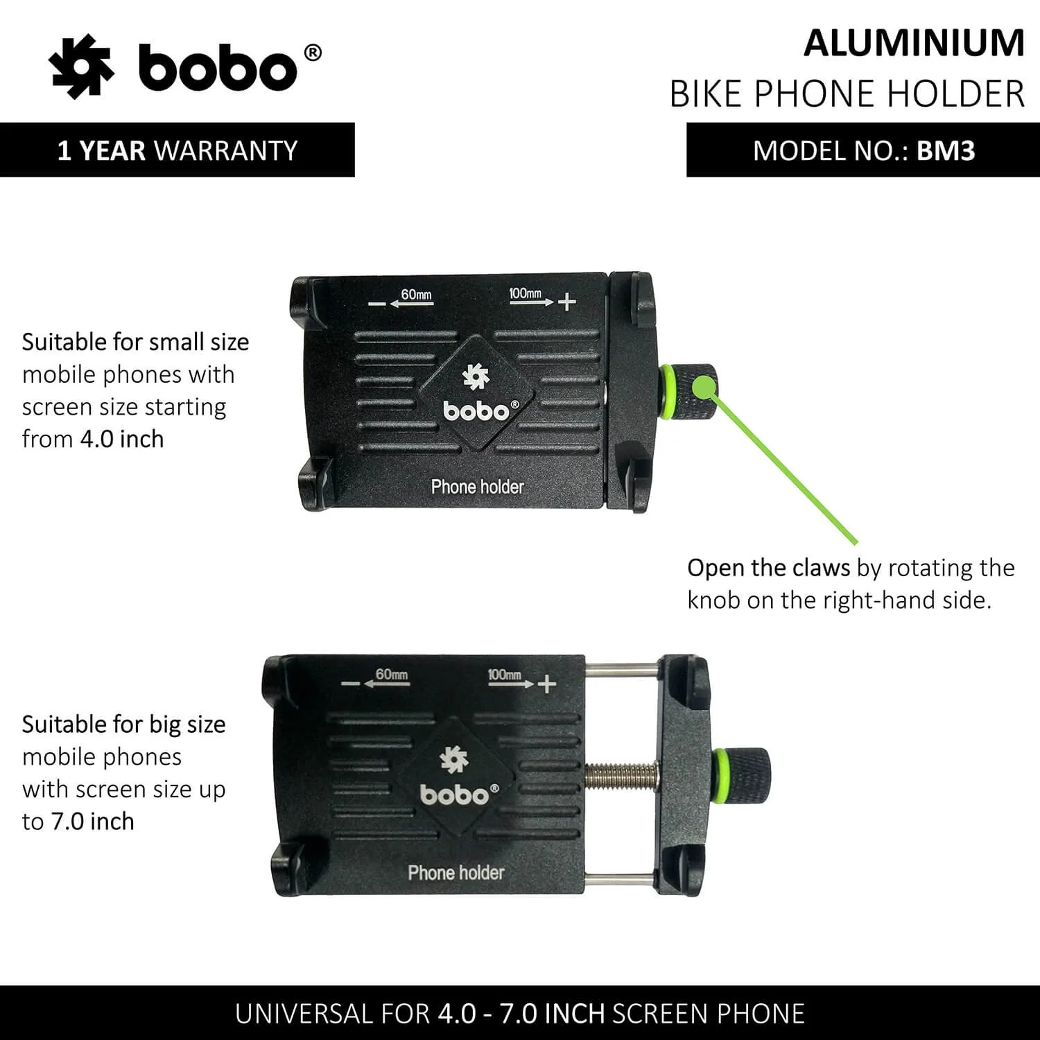 BOBO BM3 Claw-Grip Aluminum Bike / Cycle Phone Holder Motorcycle Mobile Mount (Black)-BB-BM-003-001001 - Image 2