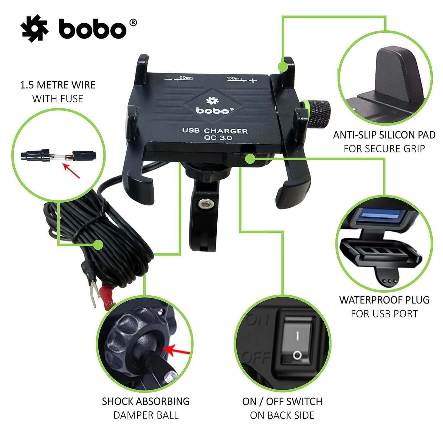 BOBO BM5 Claw-Grip Aluminium Bike Phone Holder (With Fast USB 3.0 Charger) Motorcycle Mobile Mount (Silver)-BB-BM-005-001004 - Image 3