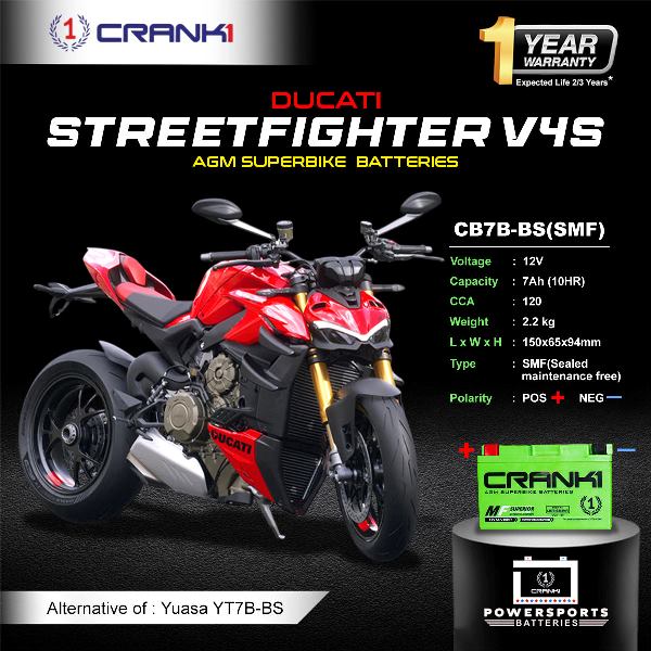 Crank1 Battery For Ducati Streetfighter V4S - CB7B-BS - Factory Activated
