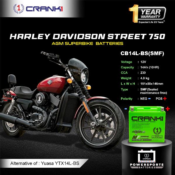 Crank1 Battery For Harley Davidson Street 750 (2006-2025) - CB14L-BS - Factory Activated