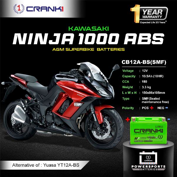 Crank1 Battery For Kawasaki Ninja 1000 ABS (2014-2025)- CB12A-BS - Factory Activated
