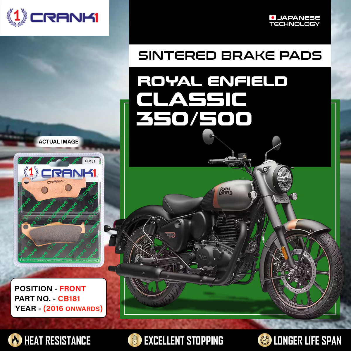 CRANK1 Brake Pads Front Royal Enfield Classic 350/500-2016 Onwards-CB181