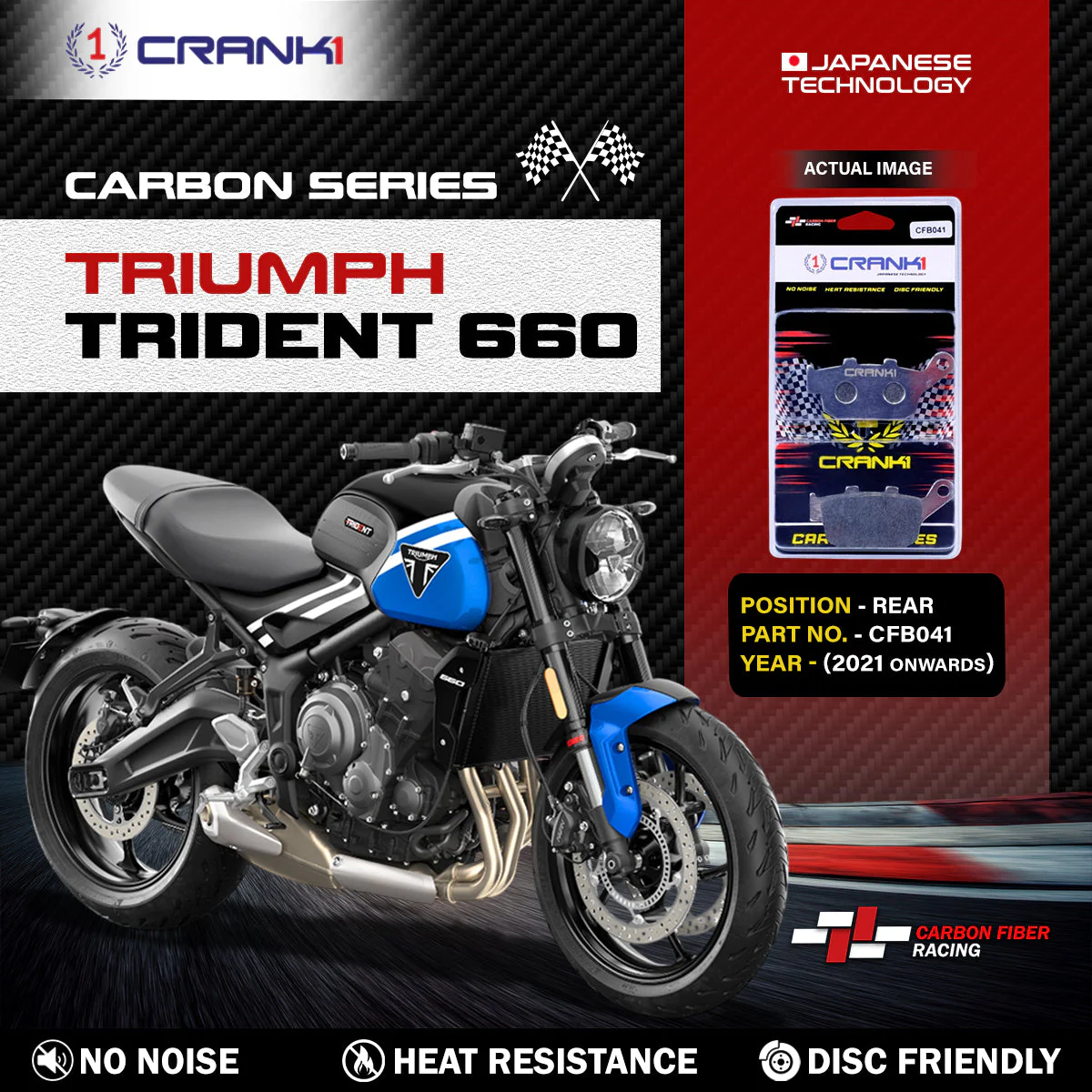 CRANK1 Carbon Brake Pads Rear Triumph Trident 660 2021 Onwards - CFB041