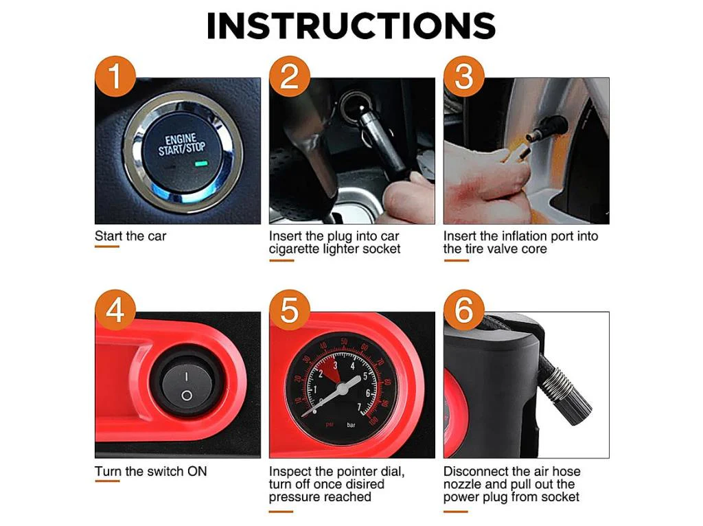 Electric Tire Inflator Air Compressor Pump for Car, Motorcycle, Balls and Mattresses - Red - Image 5