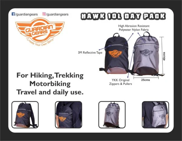 Hawk 10L Day Pack for Motorbiking, Trekking, Hiking, Camping, Travel and Daily Use (Grey) - Guardian Gears - Image 3