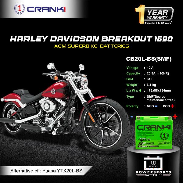 Crank1 OEM Replacement Battery for Harley-Davidson Breakout 1690 (2010-2025) - CB20L-BS