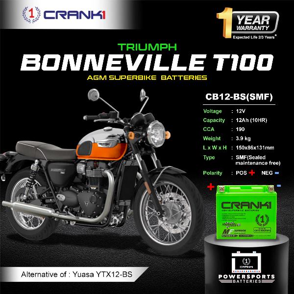 Crank1 Battery For Triumph Bonneville T100 (2005-2025) - CB12-BS - Factory Activated