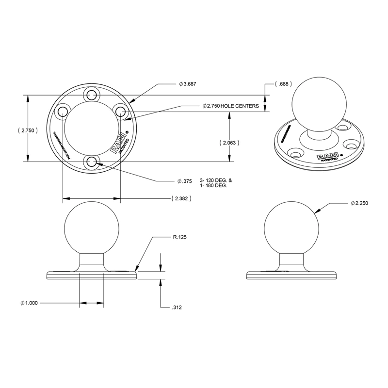 RAM BASE - ROUND PLATE 93.4MM (3.68") D BALL - Ram Mounts - Image 2