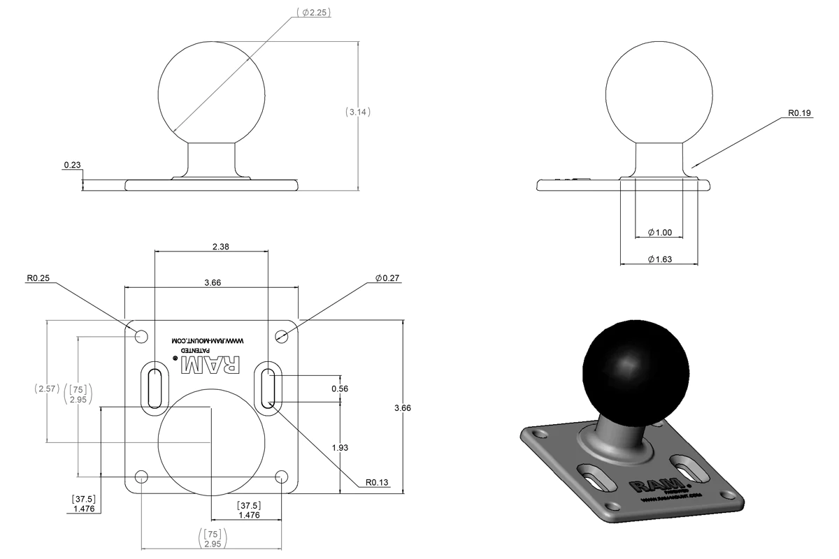 RAM BASE - VESA PLATE (75MM) WITH BALL - Ram Mounts - Image 2