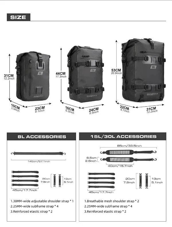 Rhinowalk Motorcycle Black Backpack 8L Waterproof Motorbike Seat Tail Bag for Adventure Welded Seamless Side Saddle Motopack (MT2208) - Image 3