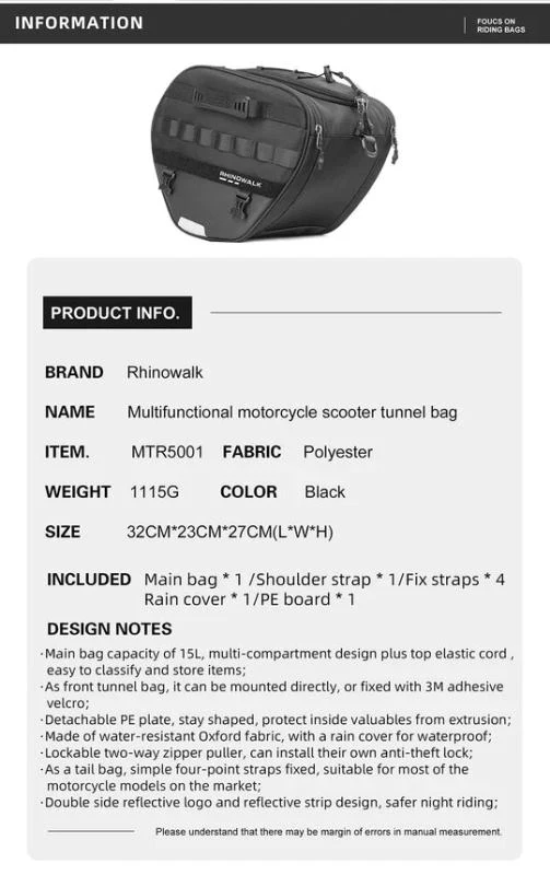 Rhinowalk Tunnel bag for scooter 15 ltr Underbone Motorcycle Bike Seat Pack with Molly System (MTR5001) - Image 13
