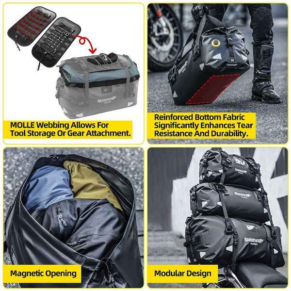 Rhinowalk Waterproof Motorcycle Roll-Top Black Duffel Gear Bag 40L Heavy Duty Dry Pack Tail Rear Luggage Magnetic Opening (MYS2403) - Image 5