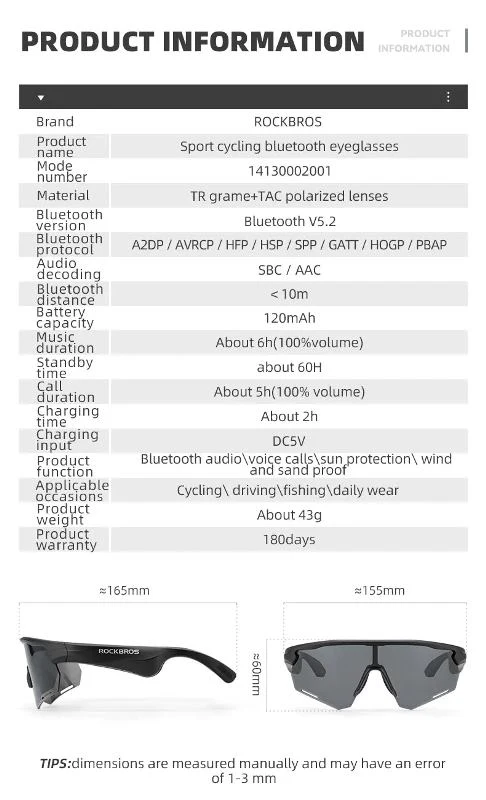 ROCKBROS Bluetooth Polarized Sunglasses Music Speaker Glasses Outdoor Sport (14130002001)-Black - Image 3