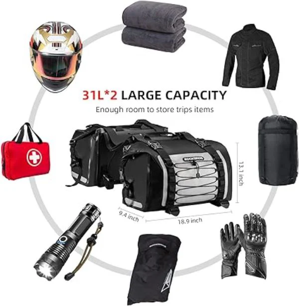 Rockbros Leather Saddle Bag Motorcycle Waterproof Side Bag For Motor Bike 60L Pannier Bag (Pair) AS-010BGR-Black Grey - Image 3