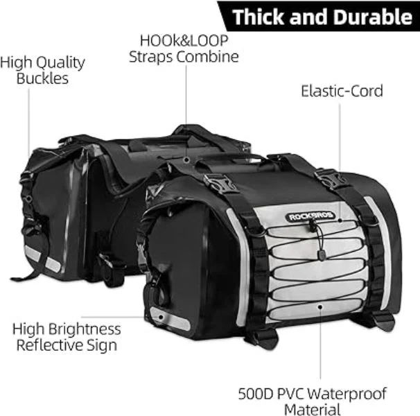 Rockbros Leather Saddle Bag Motorcycle Waterproof Side Bag For Motor Bike 60L Pannier Bag (Pair) AS-010BGR-Black Grey - Image 4