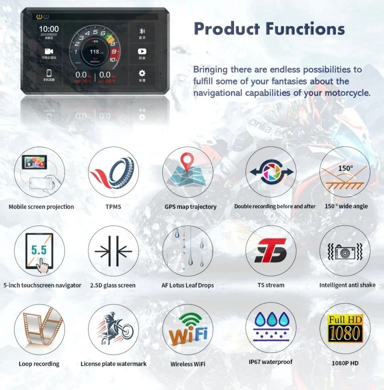 S2 Elite 5.5 inch Motorcycle Navigation Android Auto Carplay with GPS Camera and TPMS - Universal - Image 11
