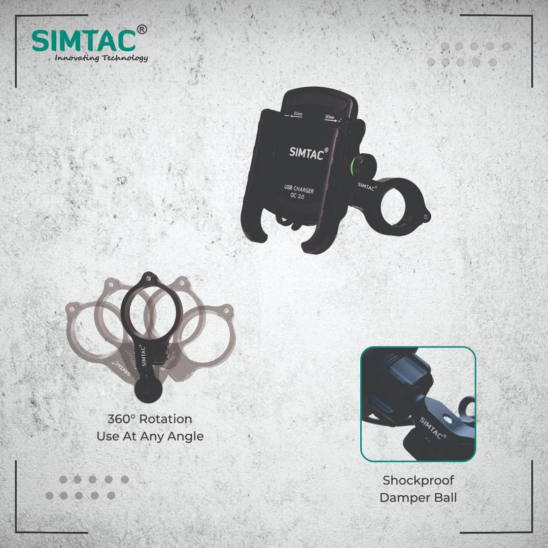 SIMTAC Super Grip Black Mobile Holder with charger (QC 3.0) Bikes/Scooters| MHC-3 - Image 3